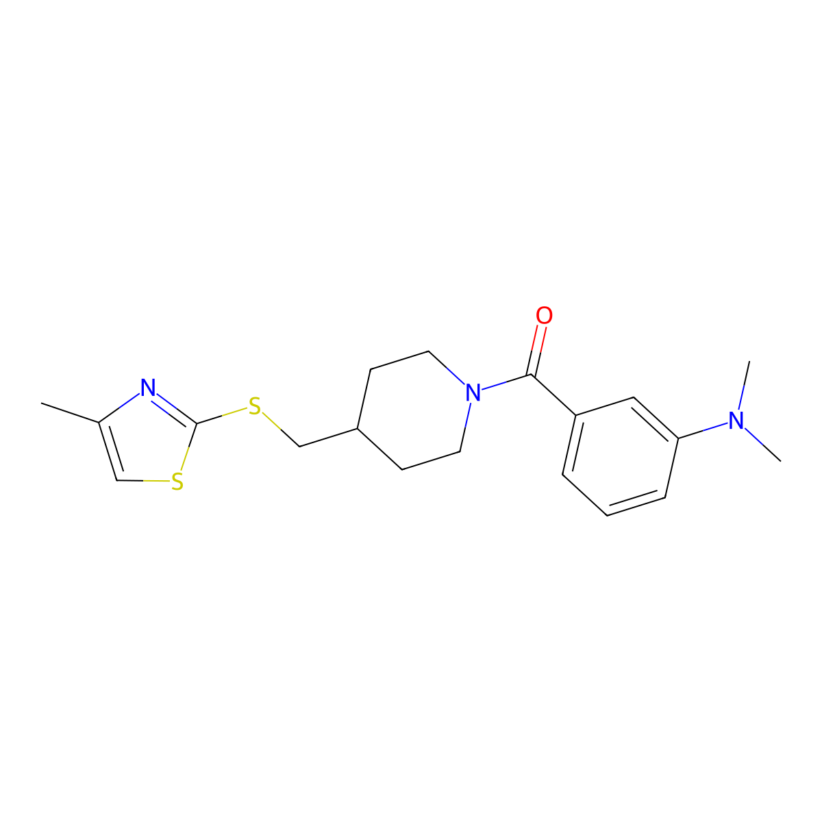 (3-(Dimethylamino)phenyl)(4-(((4-methylthiazol-2-yl)thio)methyl)piperidin-1-yl)methanone molecular structure, CAS 1428349-50-1