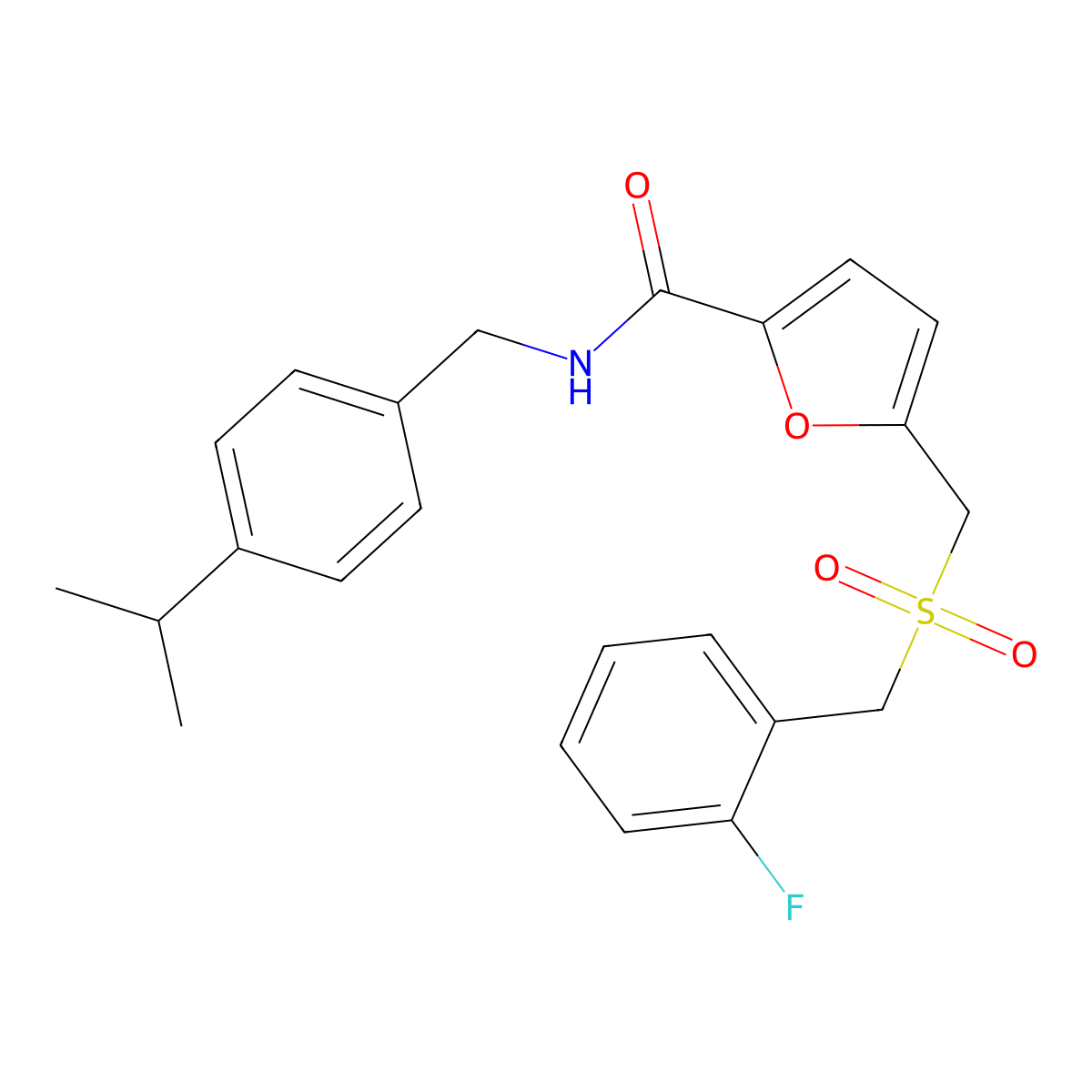 5-(((2-fluorobenzyl)sulfonyl)methyl)-N-(4-isopropylbenzyl)furan-2-carboxamide molecular structure, CAS 1428349-53-4