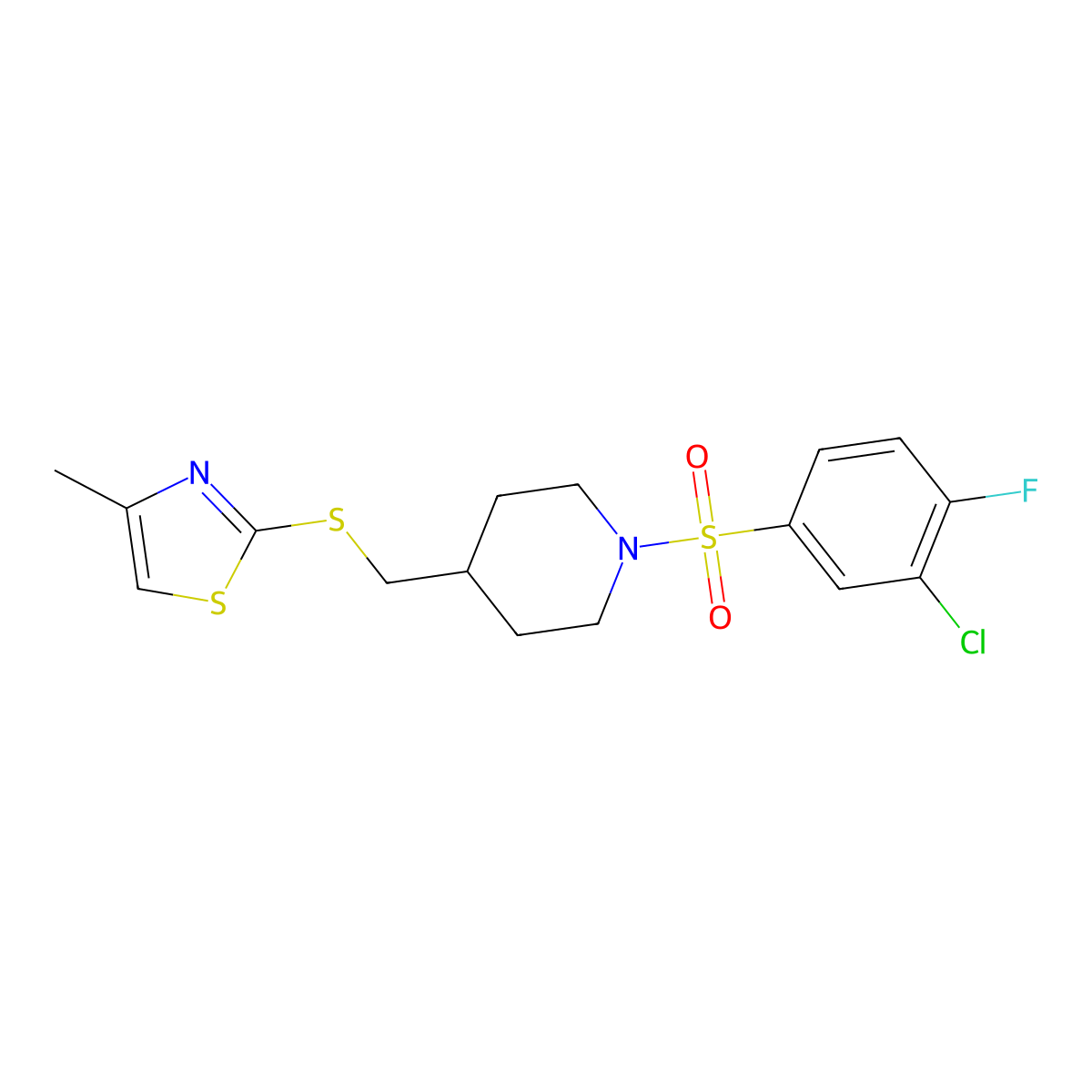 2-(((1-((3-Chloro-4-fluorophenyl)sulfonyl)piperidin-4-yl)methyl)thio)-4-methylthiazole molecular structure, CAS 1428349-61-4