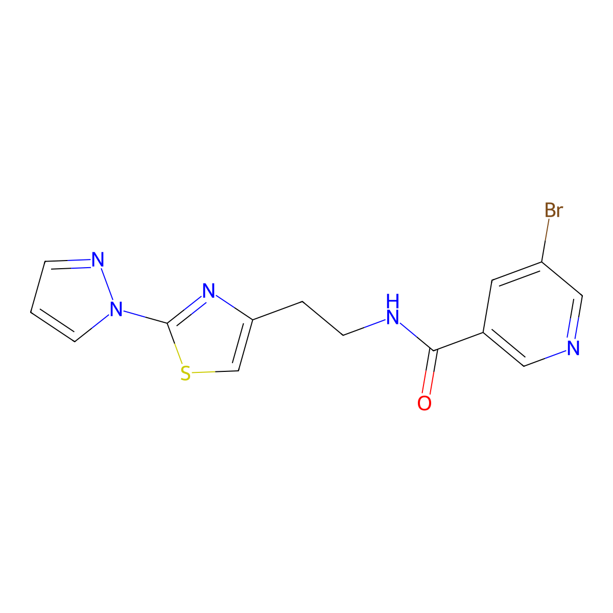 N-(2-(2-(1H-pyrazol-1-yl)thiazol-4-yl)ethyl)-5-bromonicotinamide molecular structure, CAS 1428349-81-8