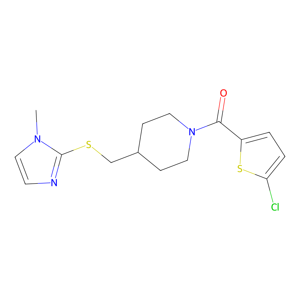 (5-chlorothiophen-2-yl)(4-(((1-methyl-1H-imidazol-2-yl)thio)methyl)piperidin-1-yl)methanone molecular structure, CAS 1428350-17-7
