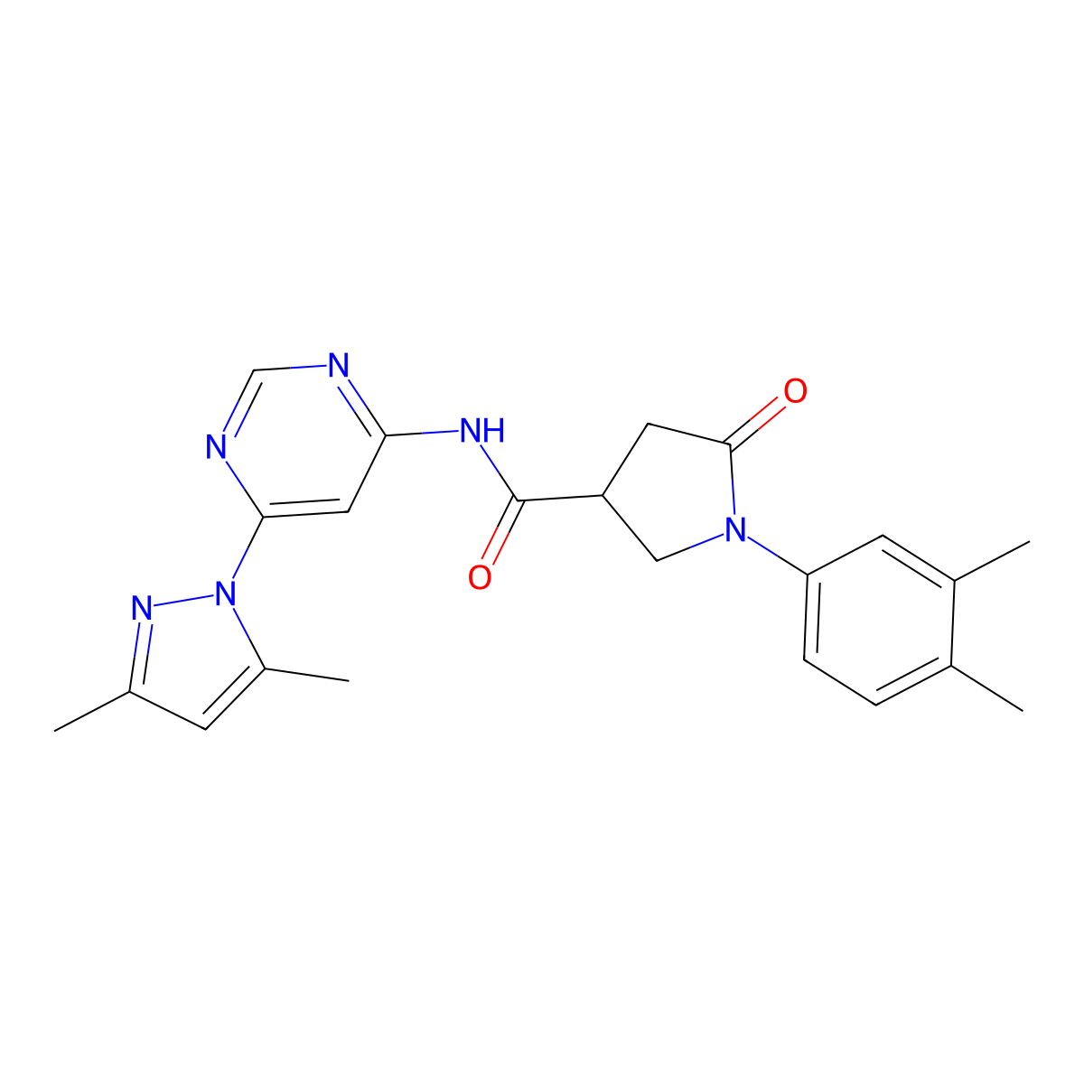 N-(6-(3,5-dimethyl-1H-pyrazol-1-yl)pyrimidin-4-yl)-1-(3,4-dimethylphenyl)-5-oxopyrrolidine-3-carboxamide molecular structure, CAS 1428350-18-8