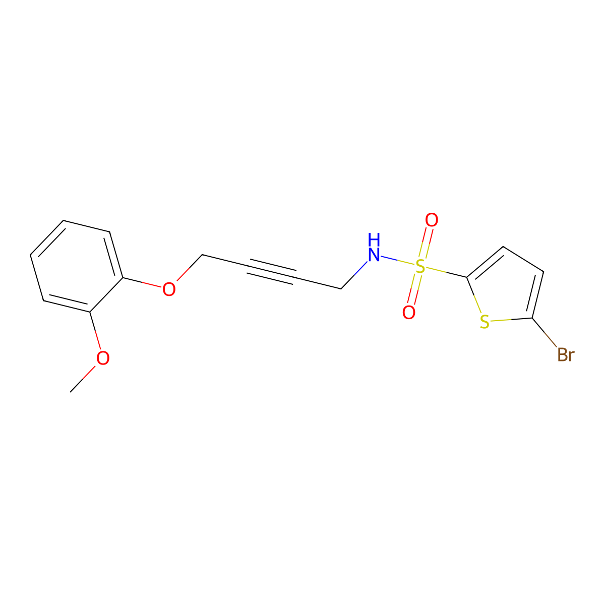 5-bromo-N-(4-(2-methoxyphenoxy)but-2-yn-1-yl)thiophene-2-sulfonamide molecular structure, CAS 1428350-30-4
