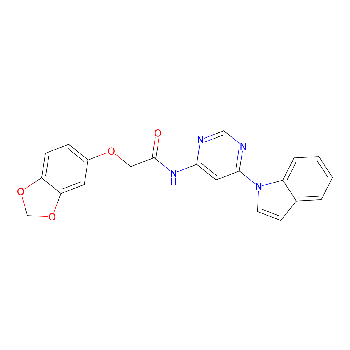 N-(6-(1H-indol-1-yl)pyrimidin-4-yl)-2-(benzo[d][1,3]dioxol-5-yloxy)acetamide molecular structure, CAS 1428350-37-1