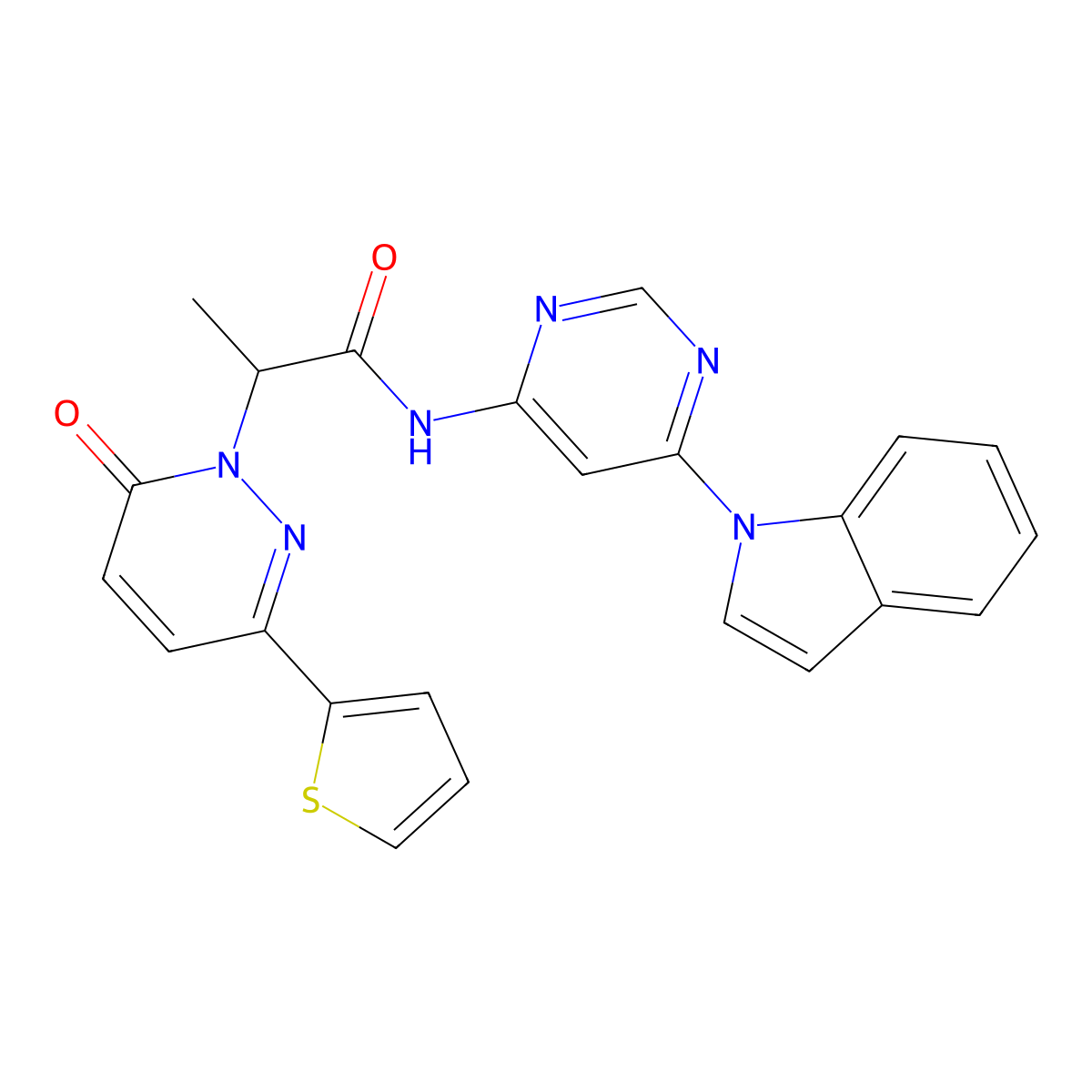 N-(6-(1H-indol-1-yl)pyrimidin-4-yl)-2-(6-oxo-3-(thiophen-2-yl)pyridazin-1(6H)-yl)propanamide molecular structure, CAS 1428350-44-0