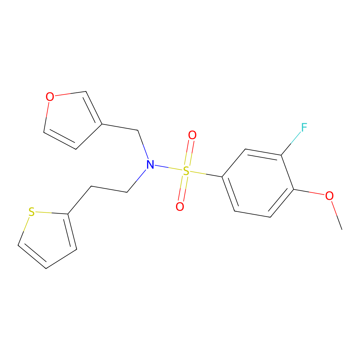 3-fluoro-N-(furan-3-ylmethyl)-4-methoxy-N-(2-(thiophen-2-yl)ethyl)benzenesulfonamide molecular structure, CAS 1428350-45-1