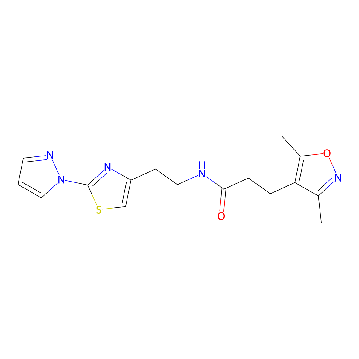 N-(2-(2-(1H-pyrazol-1-yl)thiazol-4-yl)ethyl)-3-(3,5-dimethylisoxazol-4-yl)propanamide molecular structure, CAS 1428350-58-6
