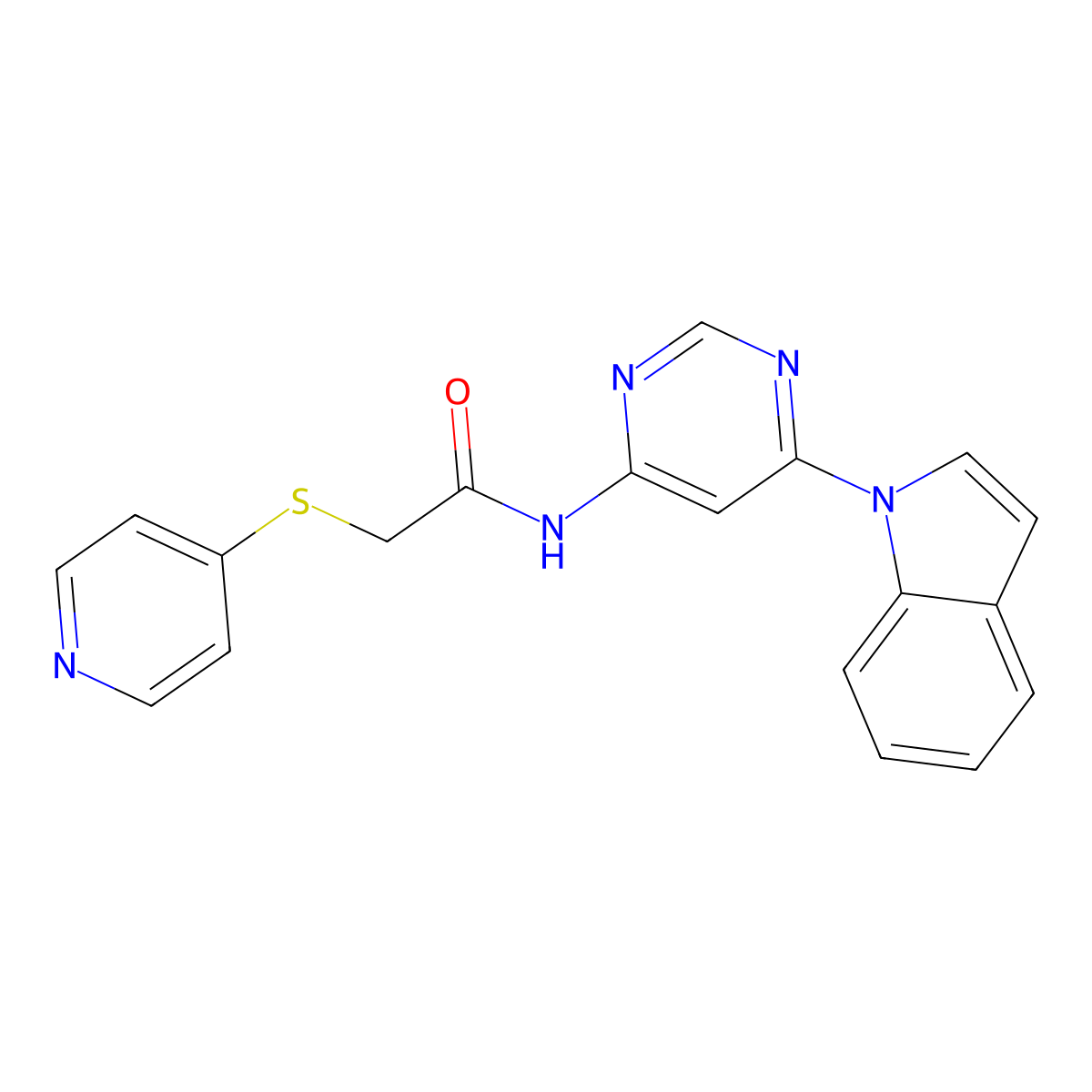 N-(6-(1H-indol-1-yl)pyrimidin-4-yl)-2-(pyridin-4-ylthio)acetamide molecular structure, CAS 1428350-59-7