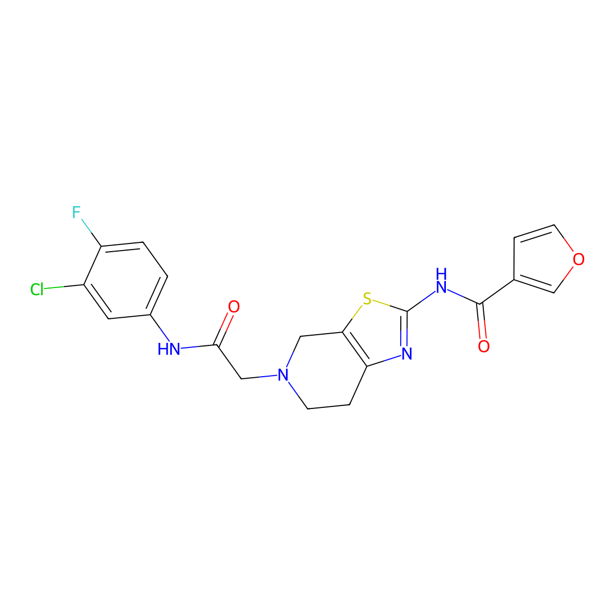 N-(5-(2-((3-chloro-4-fluorophenyl)amino)-2-oxoethyl)-4,5,6,7-tetrahydrothiazolo[5,4-c]pyridin-2-yl)furan-3-carboxamide molecular structure, CAS 1428350-64-4