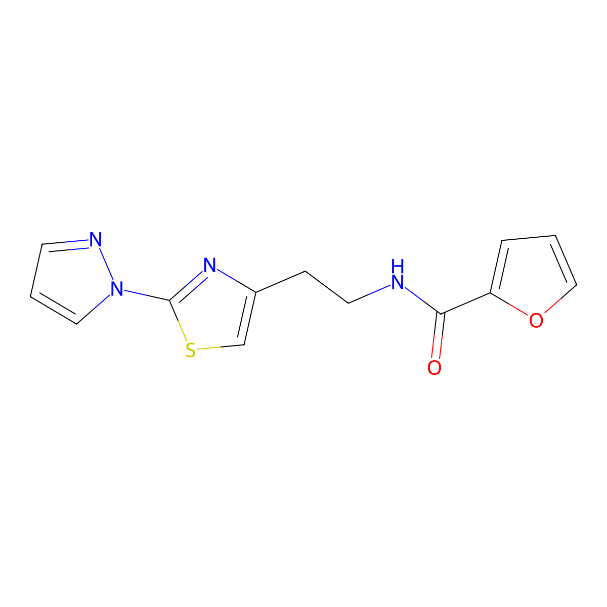 N-(2-(2-(1H-pyrazol-1-yl)thiazol-4-yl)ethyl)furan-2-carboxamide molecular structure, CAS 1428350-69-9