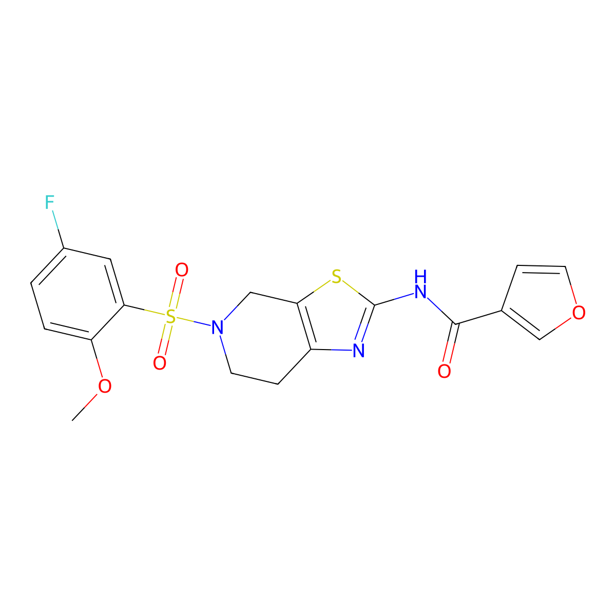 N-(5-((5-fluoro-2-methoxyphenyl)sulfonyl)-4,5,6,7-tetrahydrothiazolo[5,4-c]pyridin-2-yl)furan-3-carboxamide molecular structure, CAS 1428350-73-5