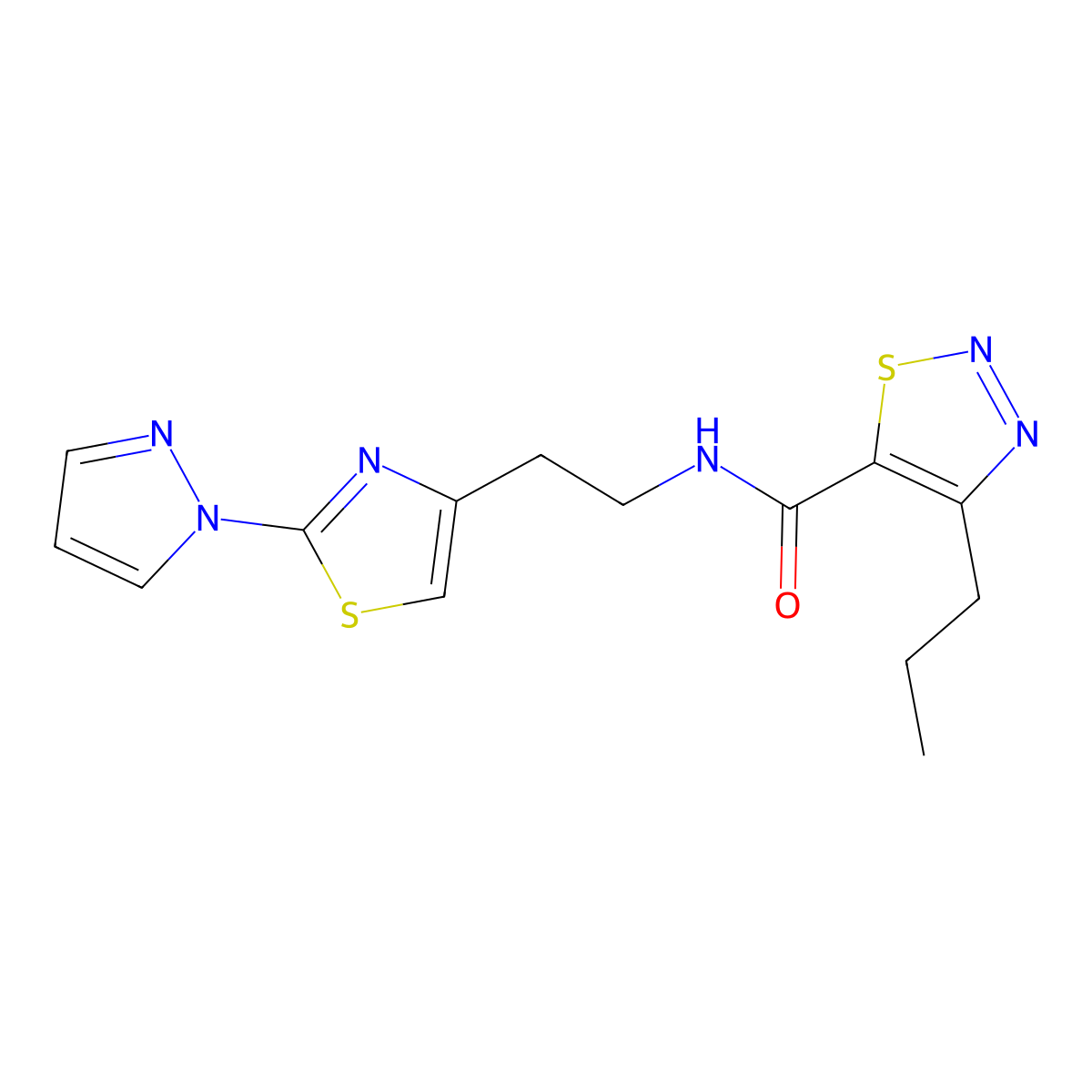 N-(2-(2-(1H-pyrazol-1-yl)thiazol-4-yl)ethyl)-4-propyl-1,2,3-thiadiazole-5-carboxamide molecular structure, CAS 1428350-78-0