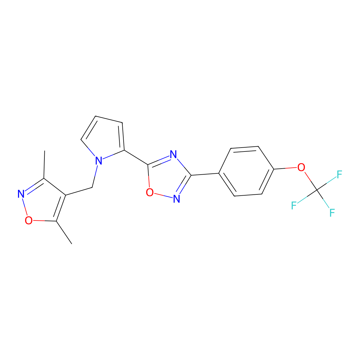 5-(1-((3,5-dimethylisoxazol-4-yl)methyl)-1H-pyrrol-2-yl)-3-(4-(trifluoromethoxy)phenyl)-1,2,4-oxadiazole molecular structure, CAS 1428350-84-8