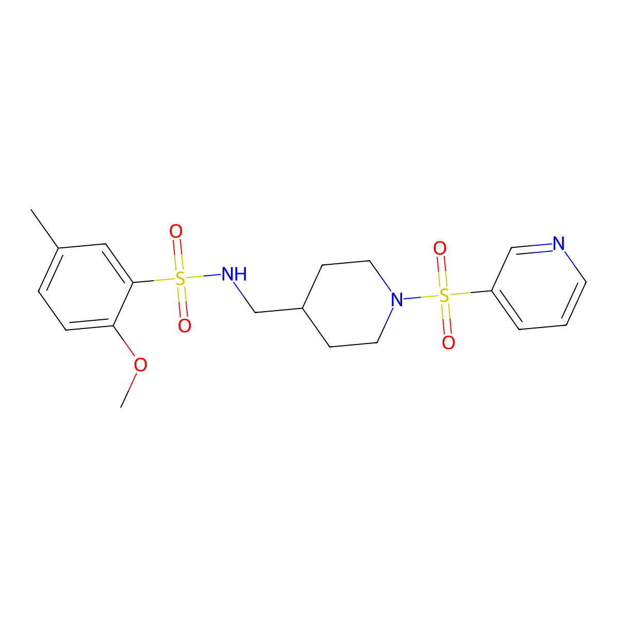 2-methoxy-5-methyl-N-((1-(pyridin-3-ylsulfonyl)piperidin-4-yl)methyl)benzenesulfonamide molecular structure, CAS 1428350-90-6