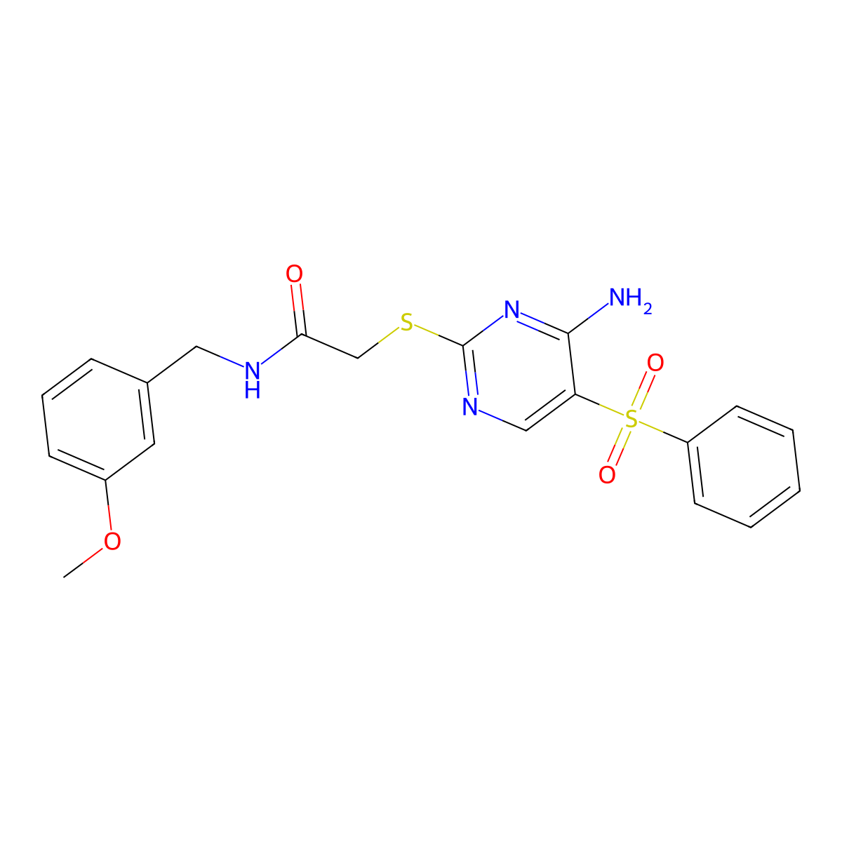 2-((4-amino-5-(phenylsulfonyl)pyrimidin-2-yl)thio)-N-(3-methoxybenzyl)acetamide molecular structure, CAS 1428350-93-9
