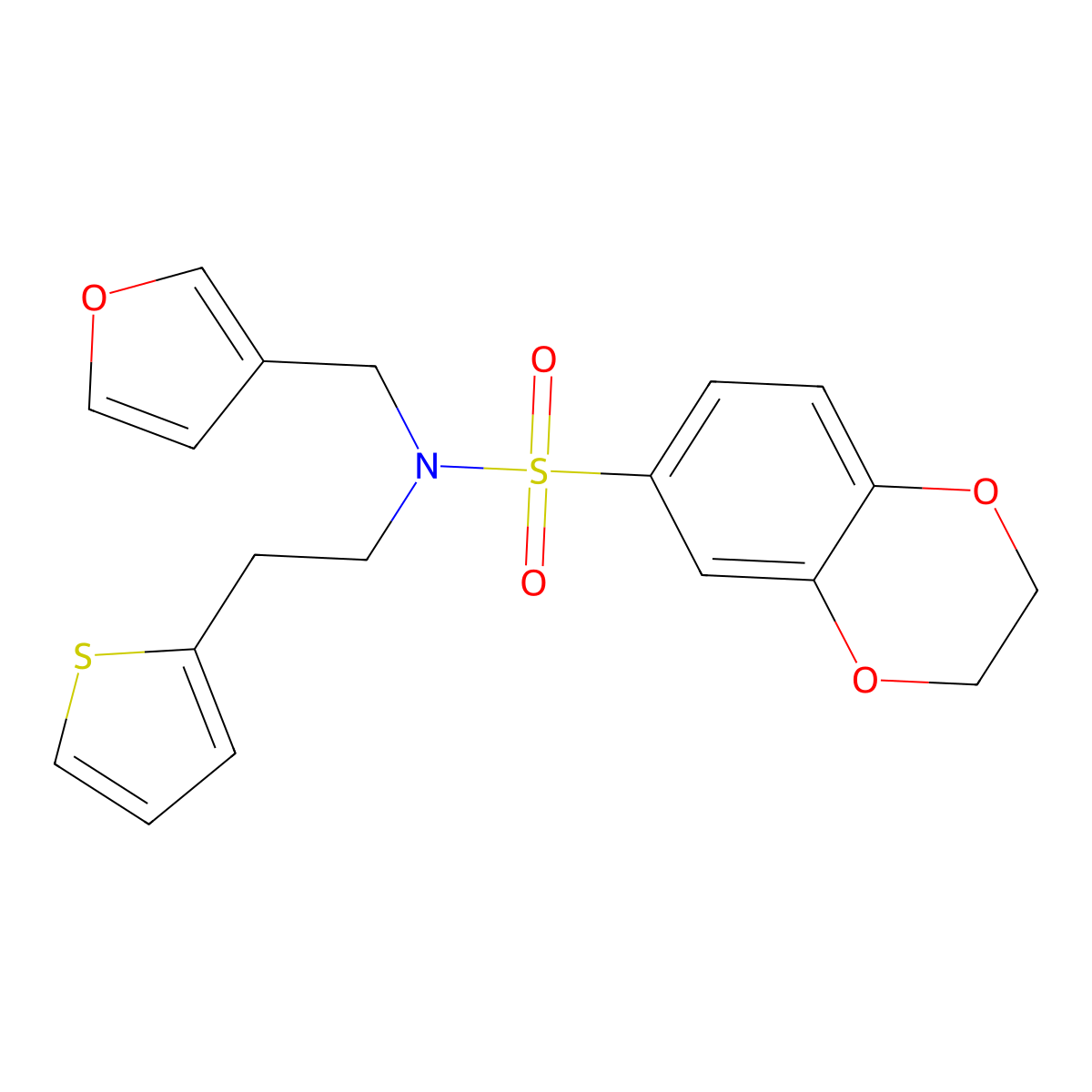 N-(furan-3-ylmethyl)-N-(2-(thiophen-2-yl)ethyl)-2,3-dihydrobenzo[b][1,4]dioxine-6-sulfonamide molecular structure, CAS 1428351-04-5