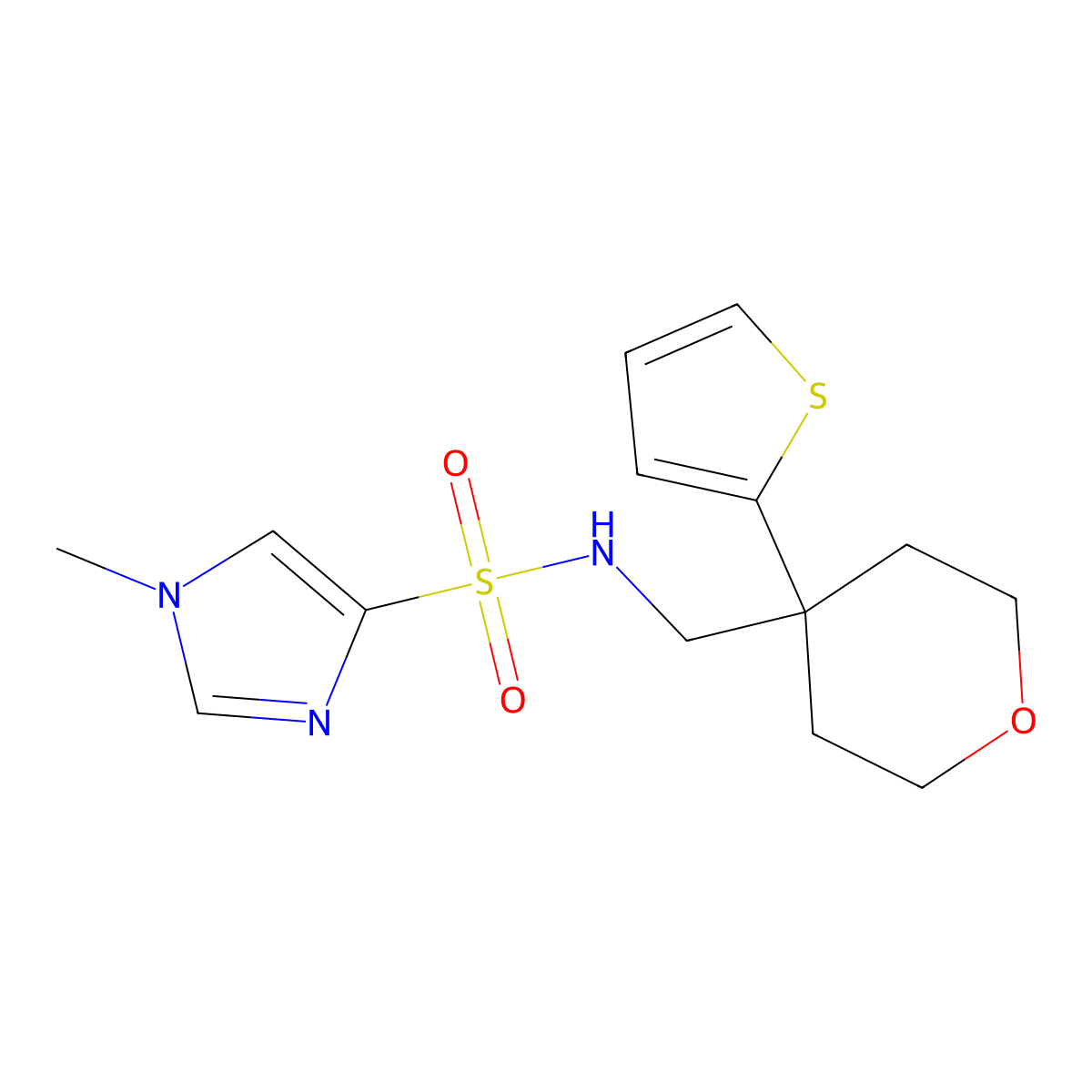 1-methyl-N-((4-(thiophen-2-yl)tetrahydro-2H-pyran-4-yl)methyl)-1H-imidazole-4-sulfonamide molecular structure, CAS 1428351-06-7