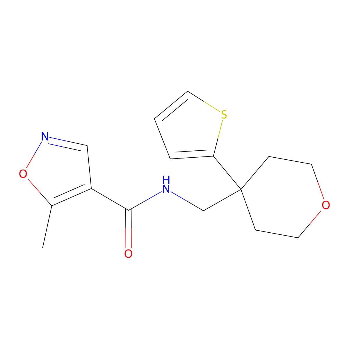 5-methyl-N-((4-(thiophen-2-yl)tetrahydro-2H-pyran-4-yl)methyl)isoxazole-4-carboxamide molecular structure, CAS 1428351-07-8