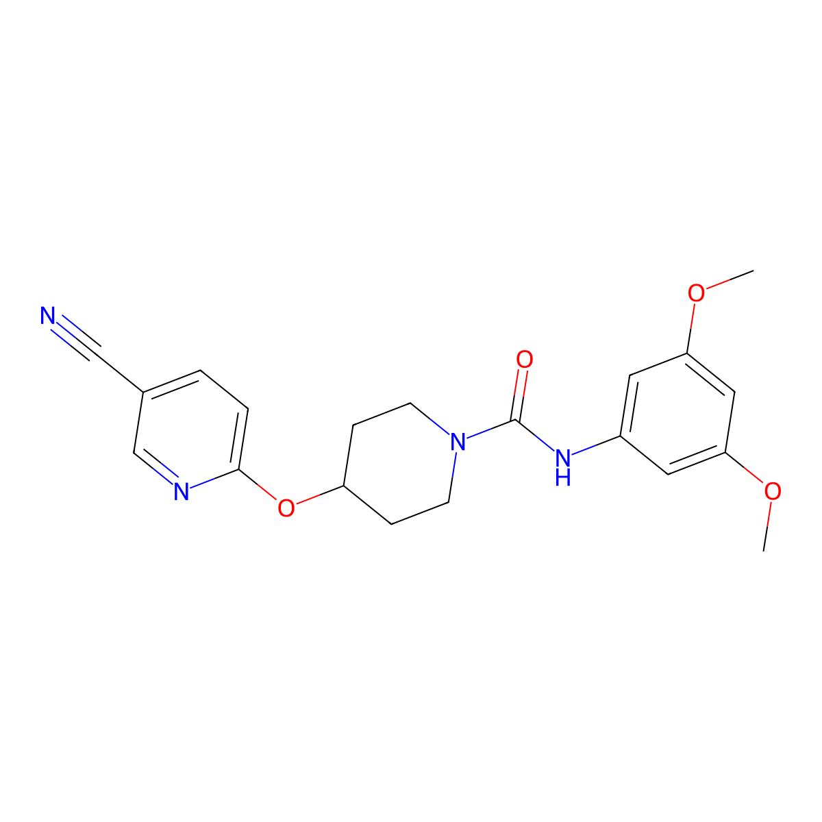 4-((5-cyanopyridin-2-yl)oxy)-N-(3,5-dimethoxyphenyl)piperidine-1-carboxamide molecular structure, CAS 1428351-09-0