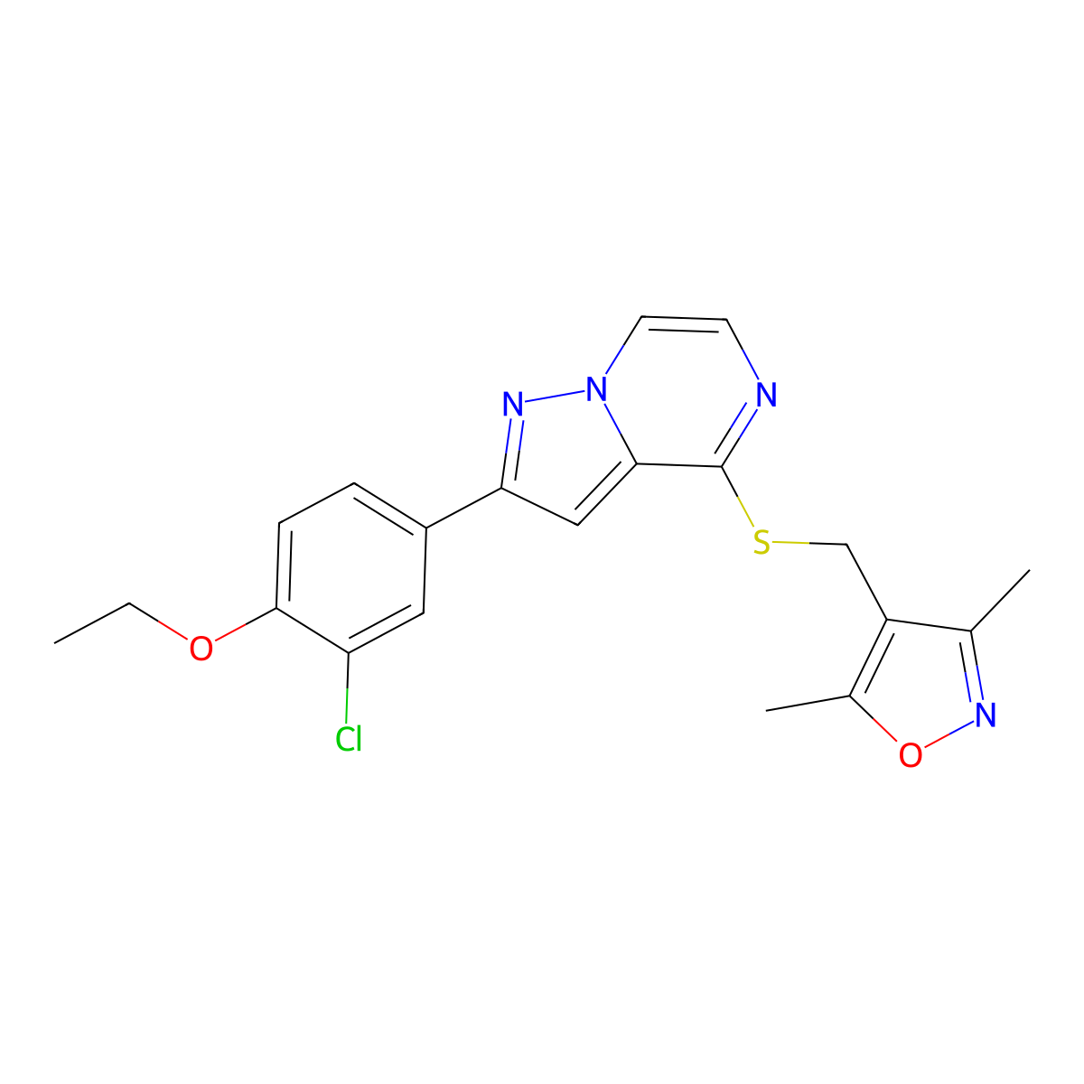 4-(((2-(3-Chloro-4-ethoxyphenyl)pyrazolo[1,5-a]pyrazin-4-yl)thio)methyl)-3,5-dimethylisoxazole molecular structure, CAS 1428351-13-6