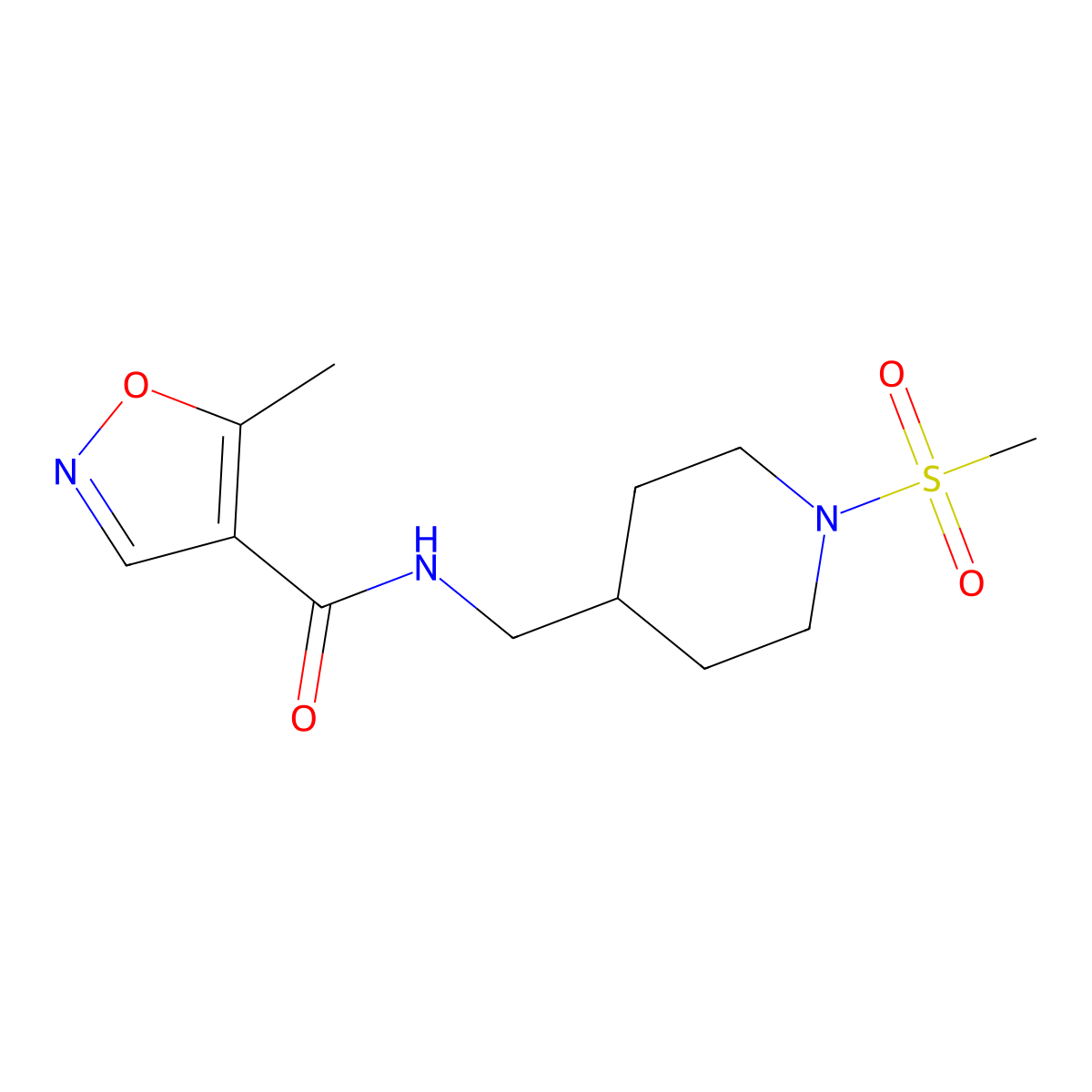 5-methyl-N-((1-(methylsulfonyl)piperidin-4-yl)methyl)isoxazole-4-carboxamide molecular structure, CAS 1428351-16-9