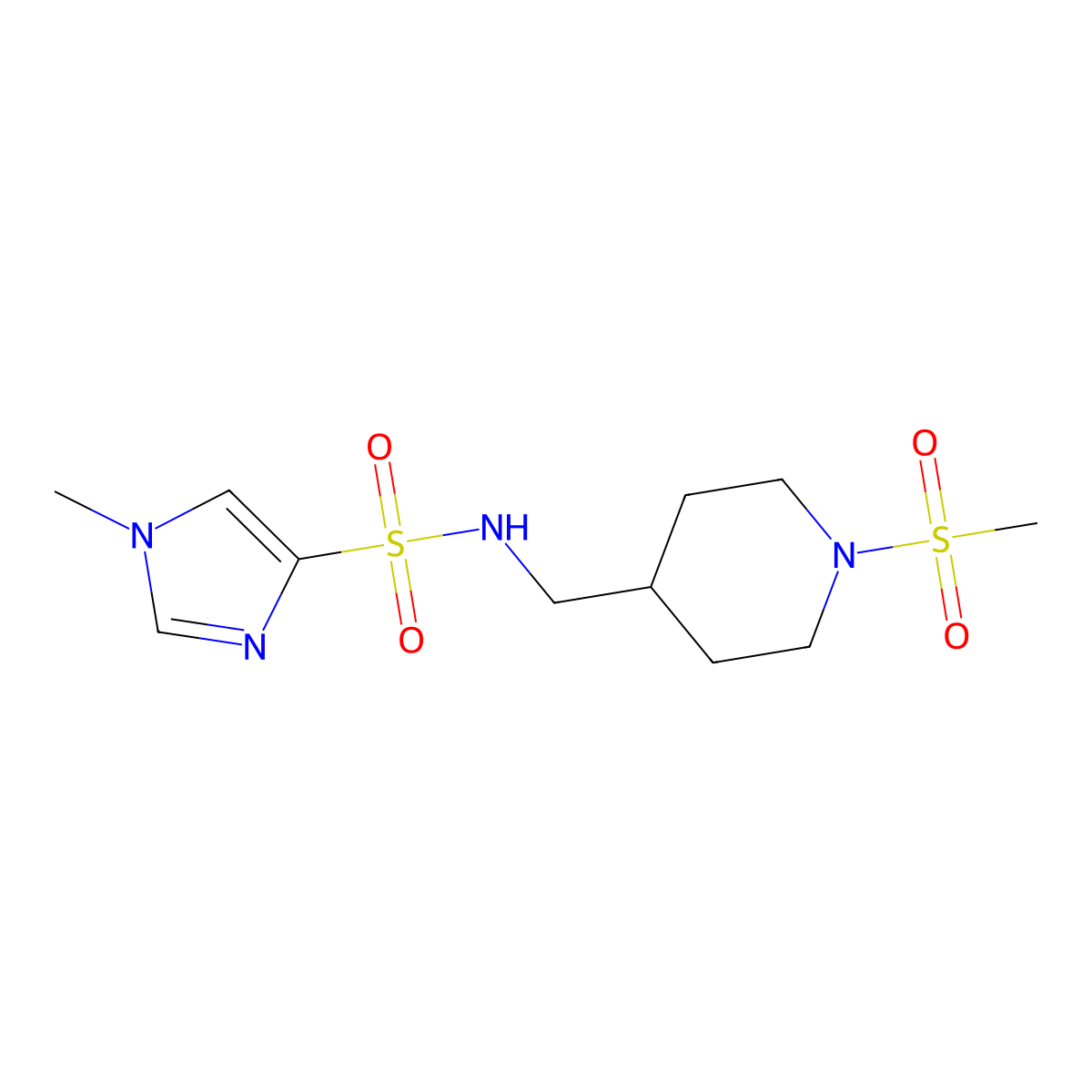 1-methyl-N-((1-(methylsulfonyl)piperidin-4-yl)methyl)-1H-imidazole-4-sulfonamide molecular structure, CAS 1428351-17-0