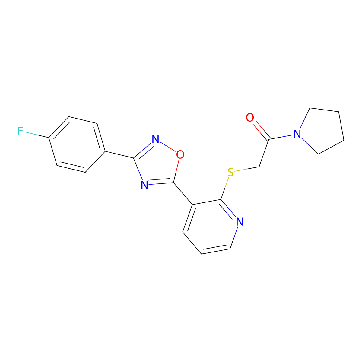 2-((3-(3-(4-Fluorophenyl)-1,2,4-oxadiazol-5-yl)pyridin-2-yl)thio)-1-(pyrrolidin-1-yl)ethanone molecular structure, CAS 1428351-18-1