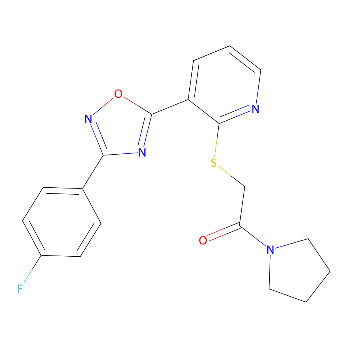 2-((3-(3-(4-Fluorophenyl)-1,2,4-oxadiazol-5-yl)pyridin-2-yl)thio)-1-(pyrrolidin-1-yl)ethanone molecular structure, CAS 1428351-18-1