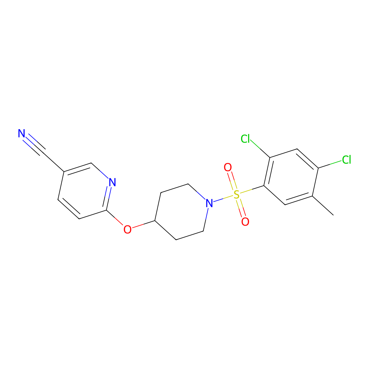 6-((1-((2,4-Dichloro-5-methylphenyl)sulfonyl)piperidin-4-yl)oxy)nicotinonitrile molecular structure, CAS 1428351-21-6