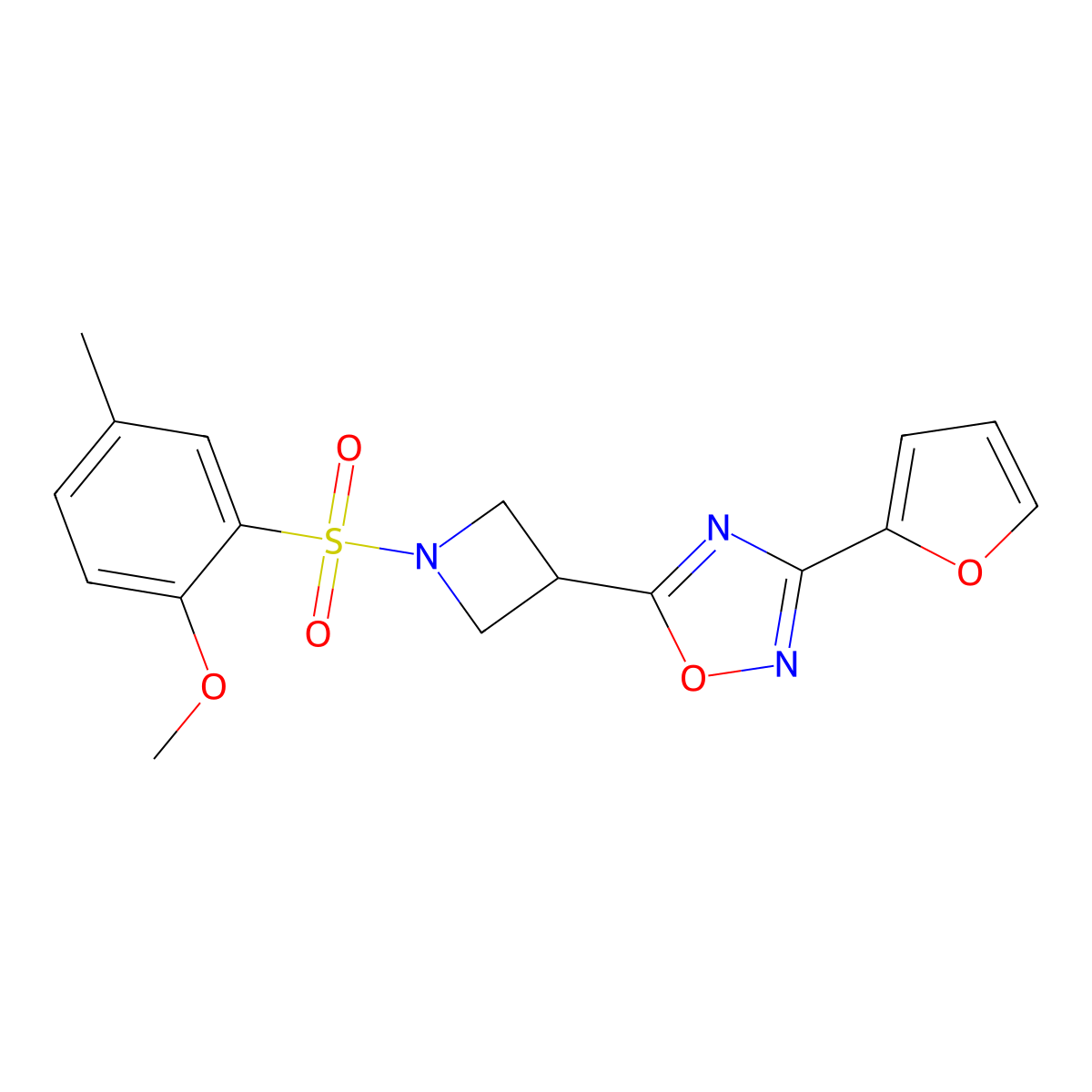 3-(Furan-2-yl)-5-(1-((2-methoxy-5-methylphenyl)sulfonyl)azetidin-3-yl)-1,2,4-oxadiazole molecular structure, CAS 1428351-24-9