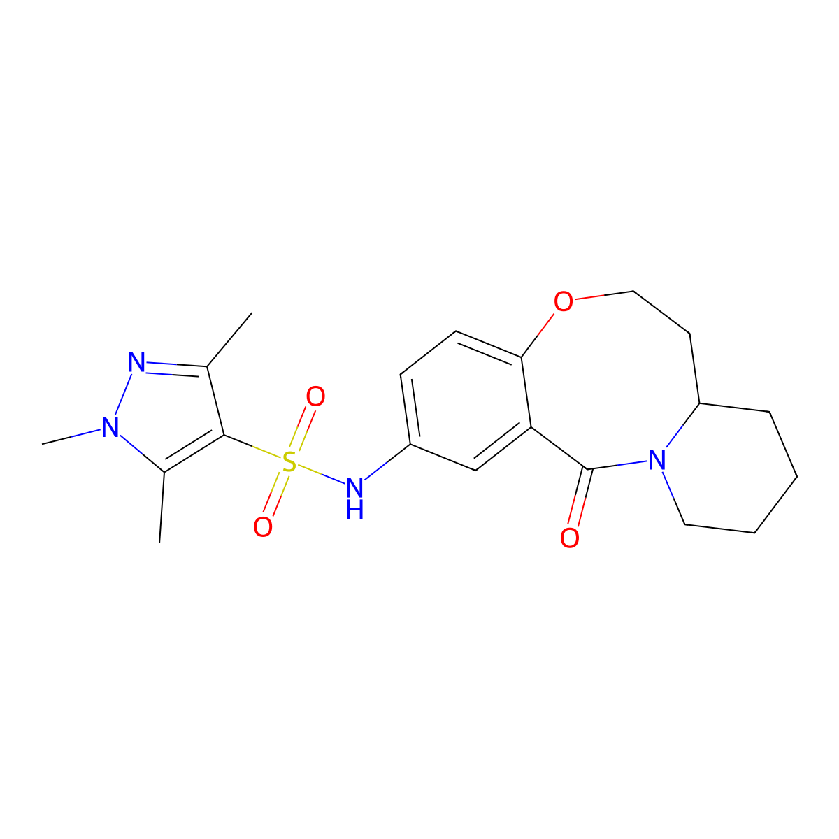 1,3,5-trimethyl-N-{2-oxo-9-oxa-1-azatricyclo[10.4.0.0^{3,8}]hexadeca-3,5,7-trien-5-yl}-1H-pyrazole-4-sulfonamide molecular structure, CAS 1428351-28-3