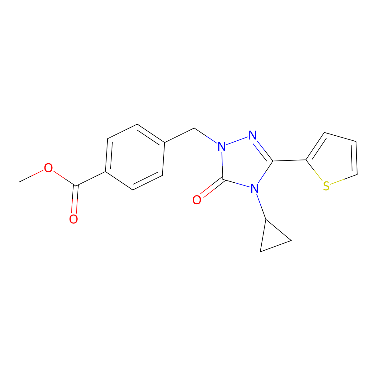 methyl 4-((4-cyclopropyl-5-oxo-3-(thiophen-2-yl)-4,5-dihydro-1H-1,2,4-triazol-1-yl)methyl)benzoate molecular structure, CAS 1428351-39-6