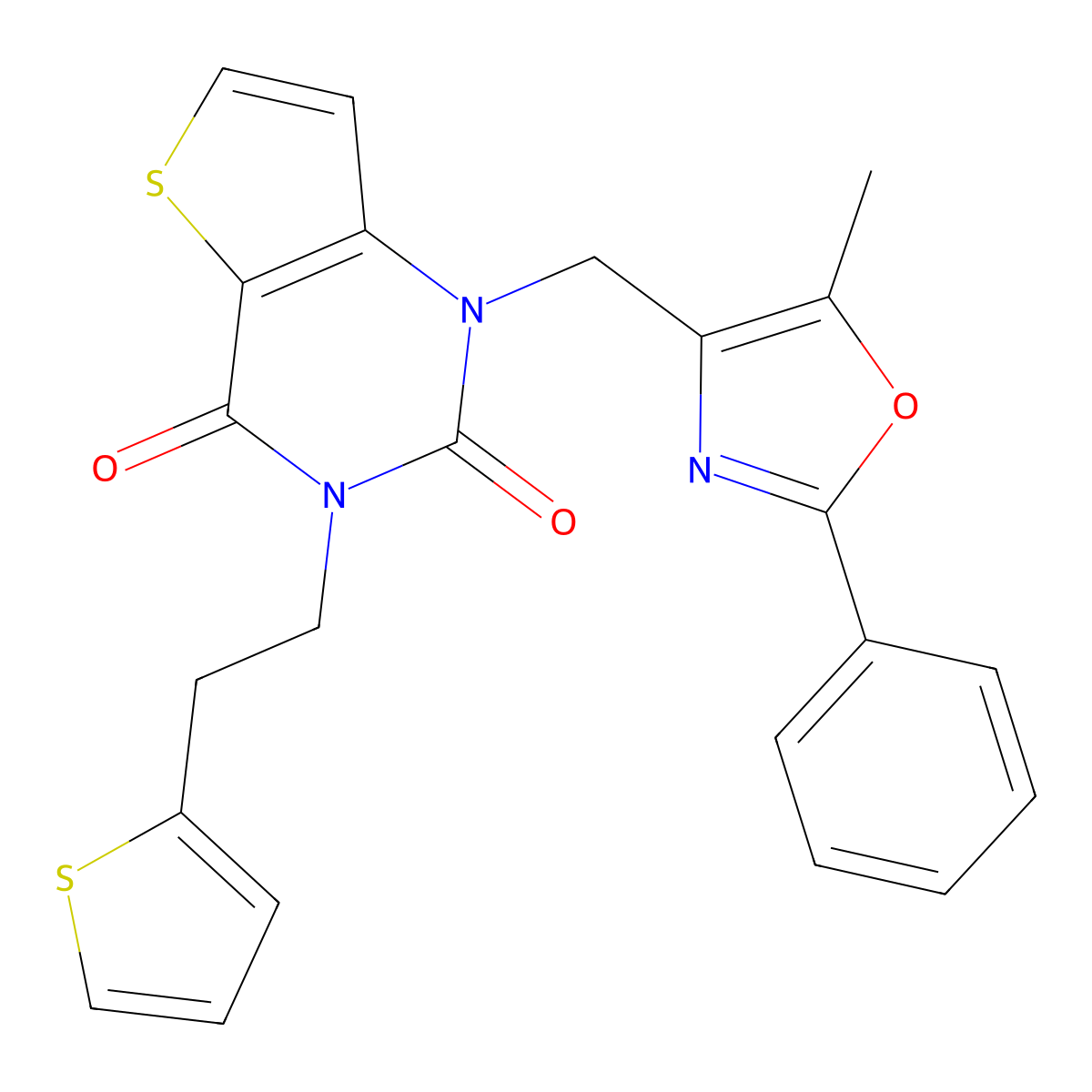 1-((5-methyl-2-phenyloxazol-4-yl)methyl)-3-(2-(thiophen-2-yl)ethyl)thieno[3,2-d]pyrimidine-2,4(1H,3H)-dione molecular structure, CAS 1428351-55-6