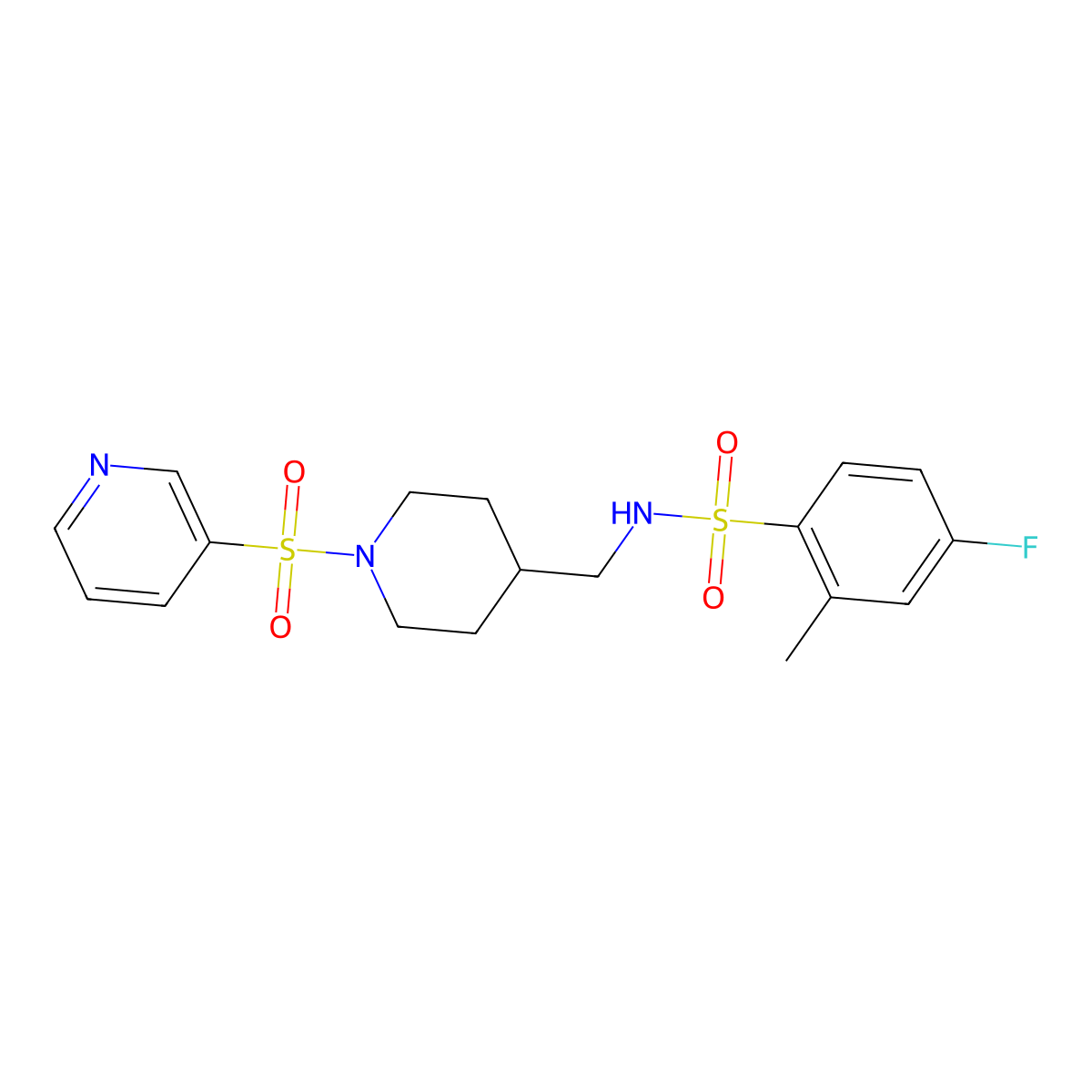 4-fluoro-2-methyl-N-((1-(pyridin-3-ylsulfonyl)piperidin-4-yl)methyl)benzenesulfonamide molecular structure, CAS 1428351-57-8