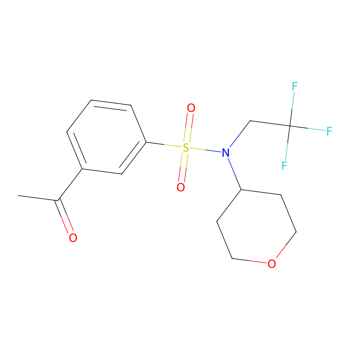 3-acetyl-N-(tetrahydro-2H-pyran-4-yl)-N-(2,2,2-trifluoroethyl)benzenesulfonamide molecular structure, CAS 1428351-59-0
