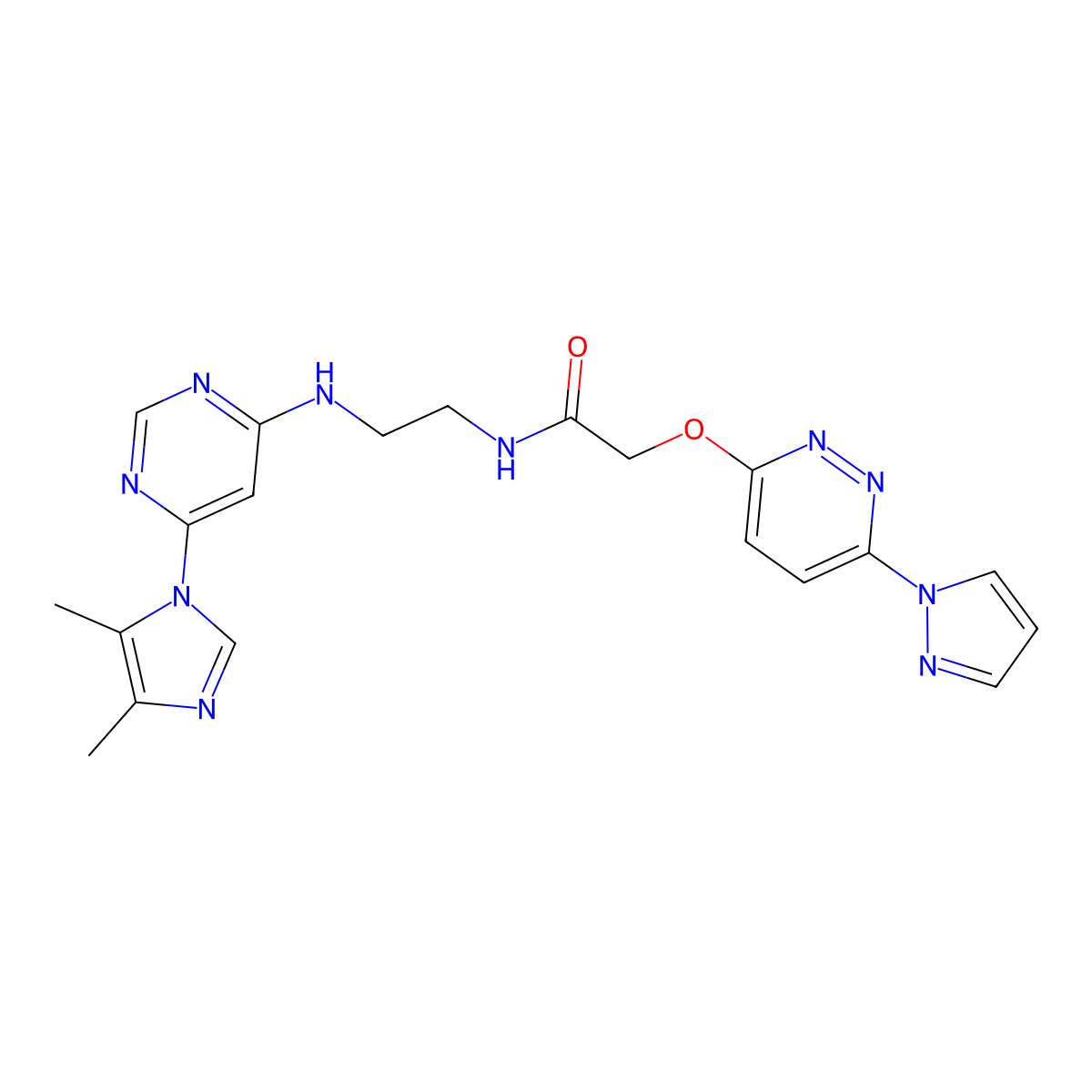 2-((6-(1H-pyrazol-1-yl)pyridazin-3-yl)oxy)-N-(2-((6-(4,5-dimethyl-1H-imidazol-1-yl)pyrimidin-4-yl)amino)ethyl)acetamide molecular structure, CAS 1428351-63-6
