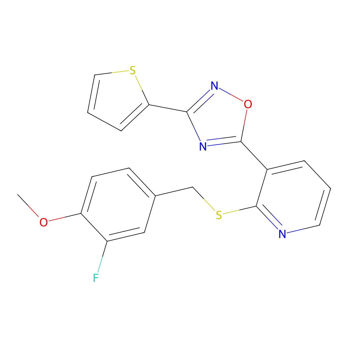 5-(2-((3-Fluoro-4-methoxybenzyl)thio)pyridin-3-yl)-3-(thiophen-2-yl)-1,2,4-oxadiazole molecular structure, CAS 1428351-67-0