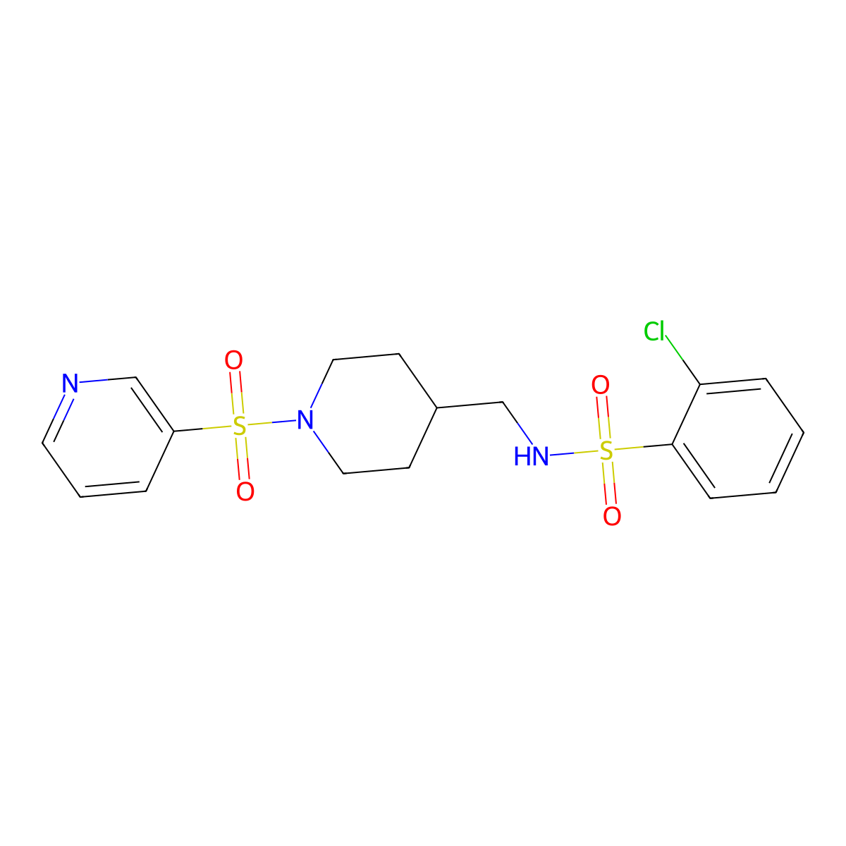 2-chloro-N-((1-(pyridin-3-ylsulfonyl)piperidin-4-yl)methyl)benzenesulfonamide molecular structure, CAS 1428351-69-2