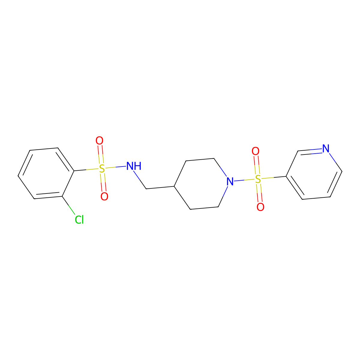 2-chloro-N-((1-(pyridin-3-ylsulfonyl)piperidin-4-yl)methyl)benzenesulfonamide molecular structure, CAS 1428351-69-2