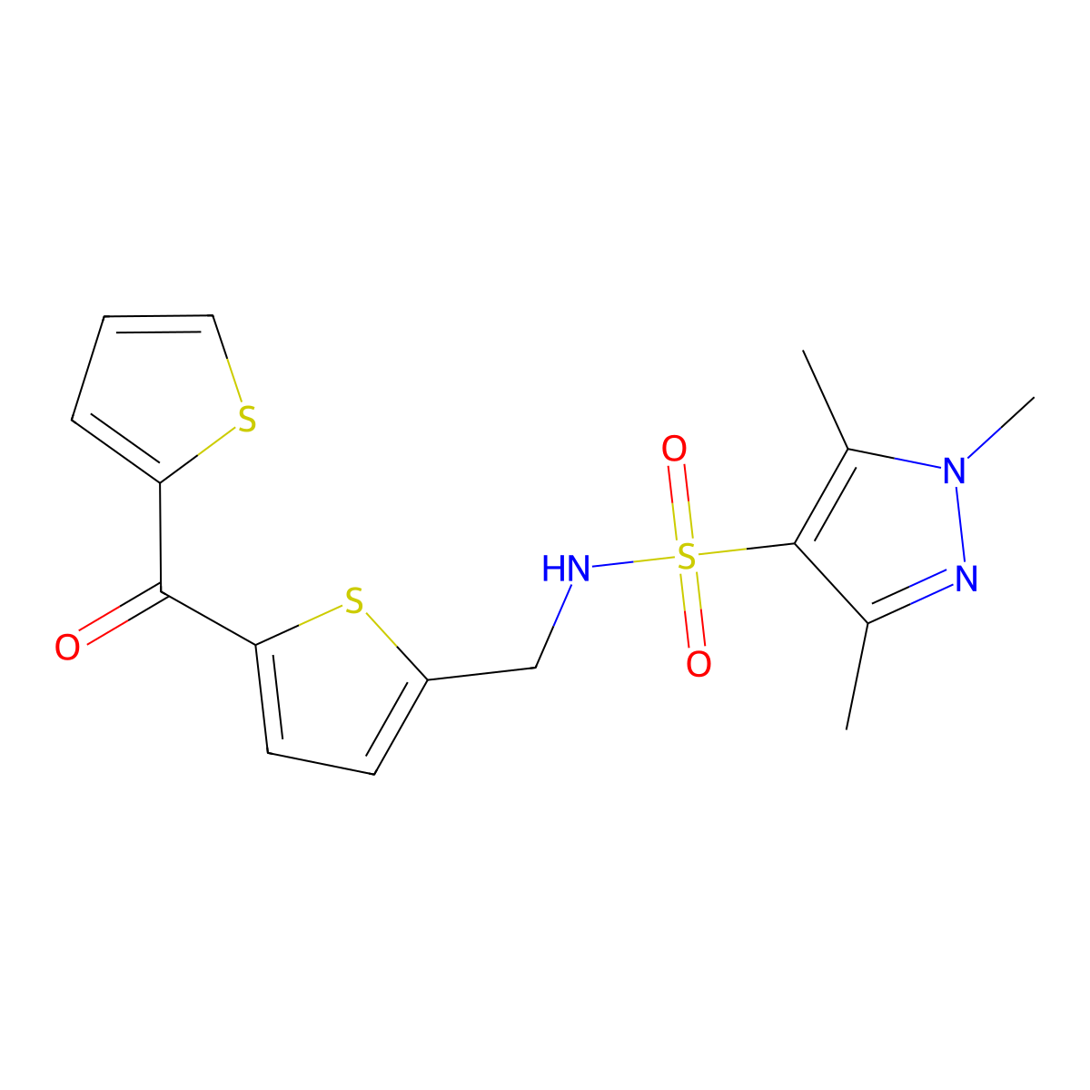 1,3,5-trimethyl-N-((5-(thiophene-2-carbonyl)thiophen-2-yl)methyl)-1H-pyrazole-4-sulfonamide molecular structure, CAS 1428351-72-7