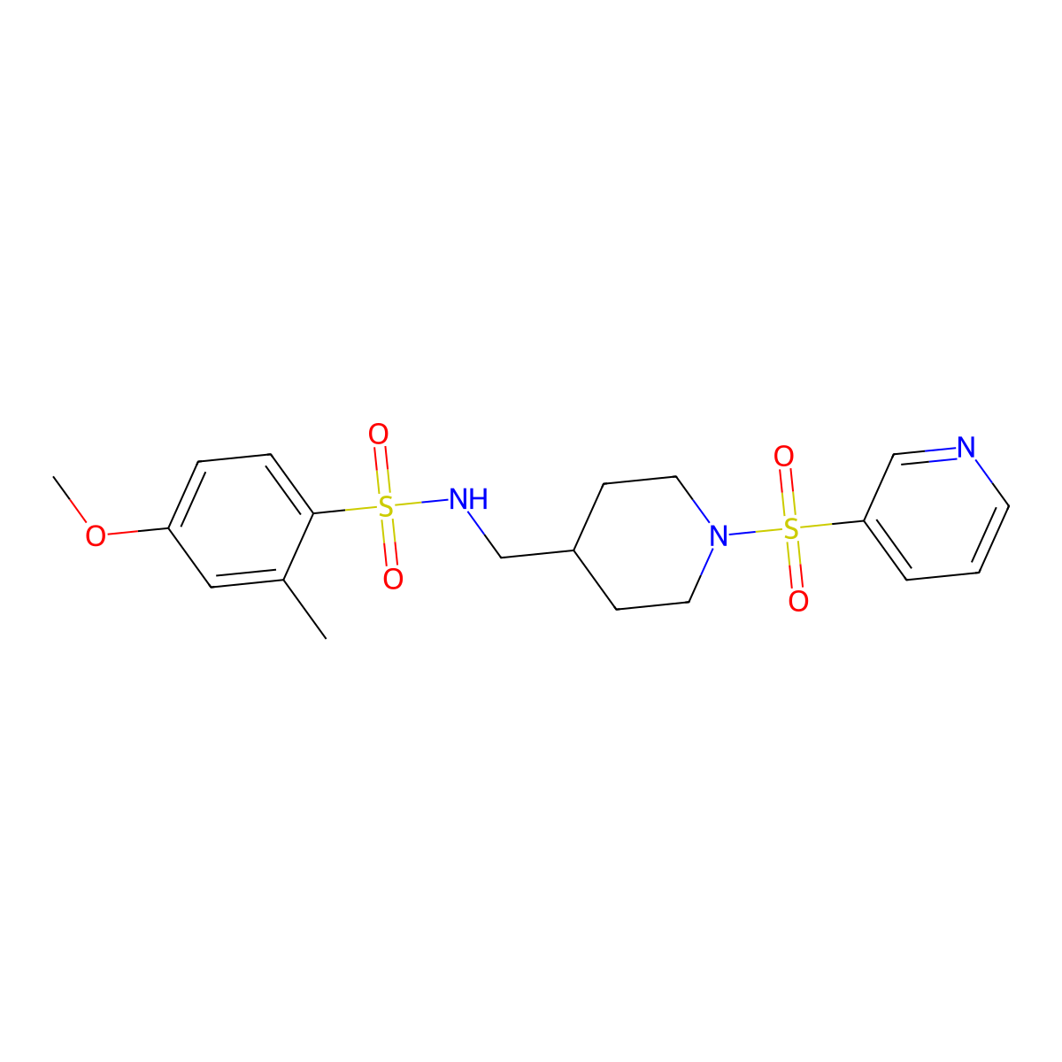 4-methoxy-2-methyl-N-((1-(pyridin-3-ylsulfonyl)piperidin-4-yl)methyl)benzenesulfonamide molecular structure, CAS 1428351-76-1