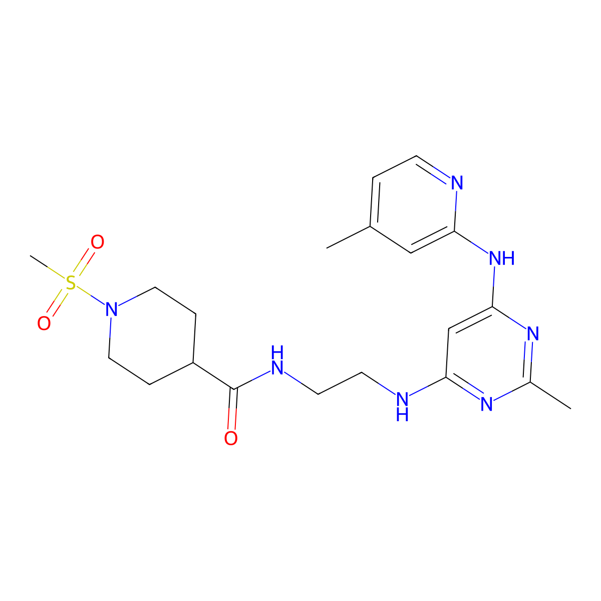 N-(2-((2-methyl-6-((4-methylpyridin-2-yl)amino)pyrimidin-4-yl)amino)ethyl)-1-(methylsulfonyl)piperidine-4-carboxamide molecular structure, CAS 1428351-95-4