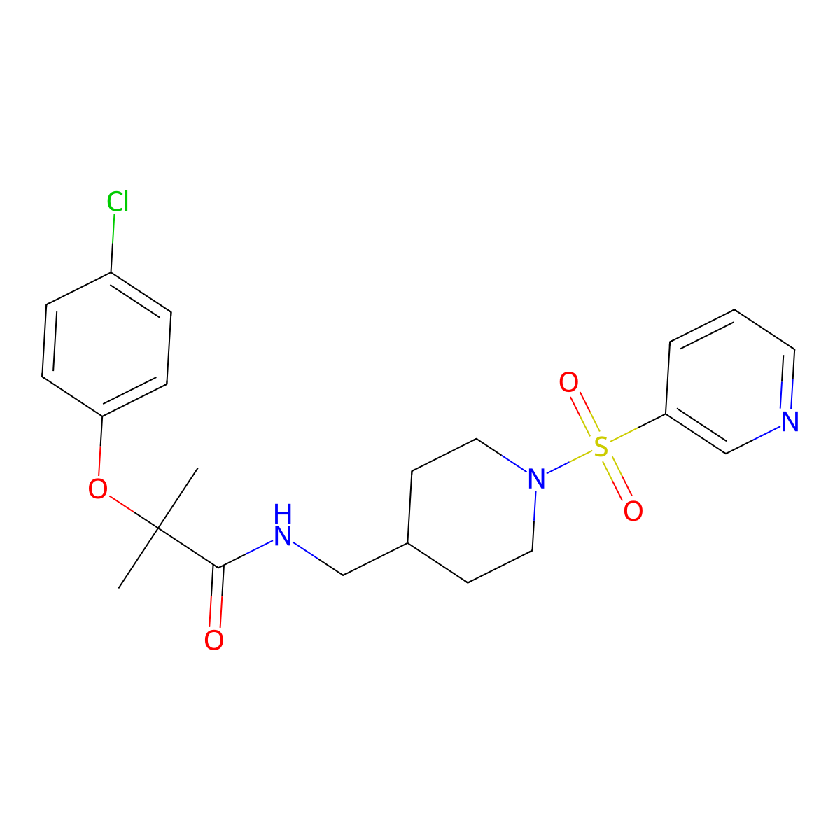 2-(4-chlorophenoxy)-2-methyl-N-((1-(pyridin-3-ylsulfonyl)piperidin-4-yl)methyl)propanamide molecular structure, CAS 1428352-03-7