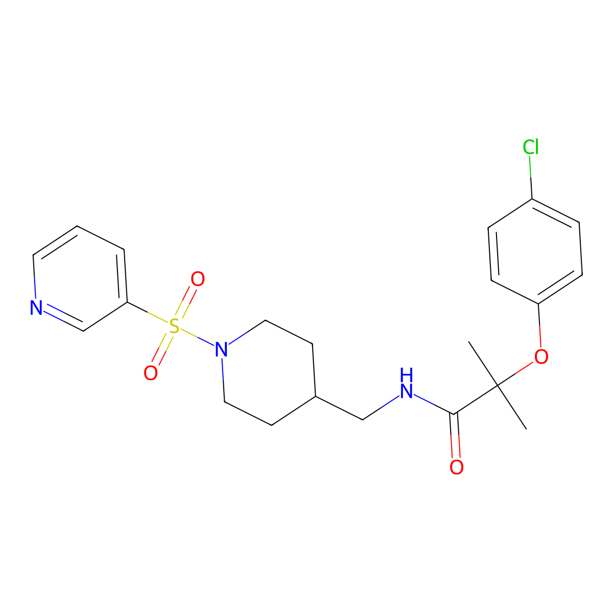 2-(4-chlorophenoxy)-2-methyl-N-((1-(pyridin-3-ylsulfonyl)piperidin-4-yl)methyl)propanamide molecular structure, CAS 1428352-03-7