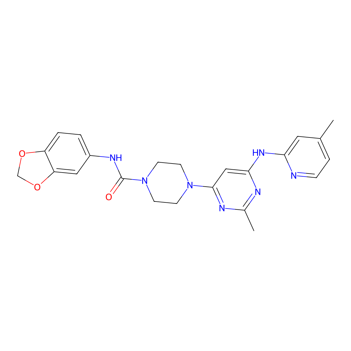 N-(benzo[d][1,3]dioxol-5-yl)-4-(2-methyl-6-((4-methylpyridin-2-yl)amino)pyrimidin-4-yl)piperazine-1-carboxamide molecular structure, CAS 1428352-06-0