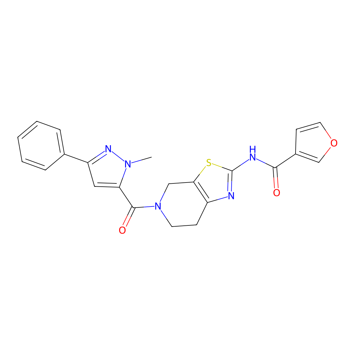N-(5-(1-methyl-3-phenyl-1H-pyrazole-5-carbonyl)-4,5,6,7-tetrahydrothiazolo[5,4-c]pyridin-2-yl)furan-3-carboxamide molecular structure, CAS 1428352-15-1