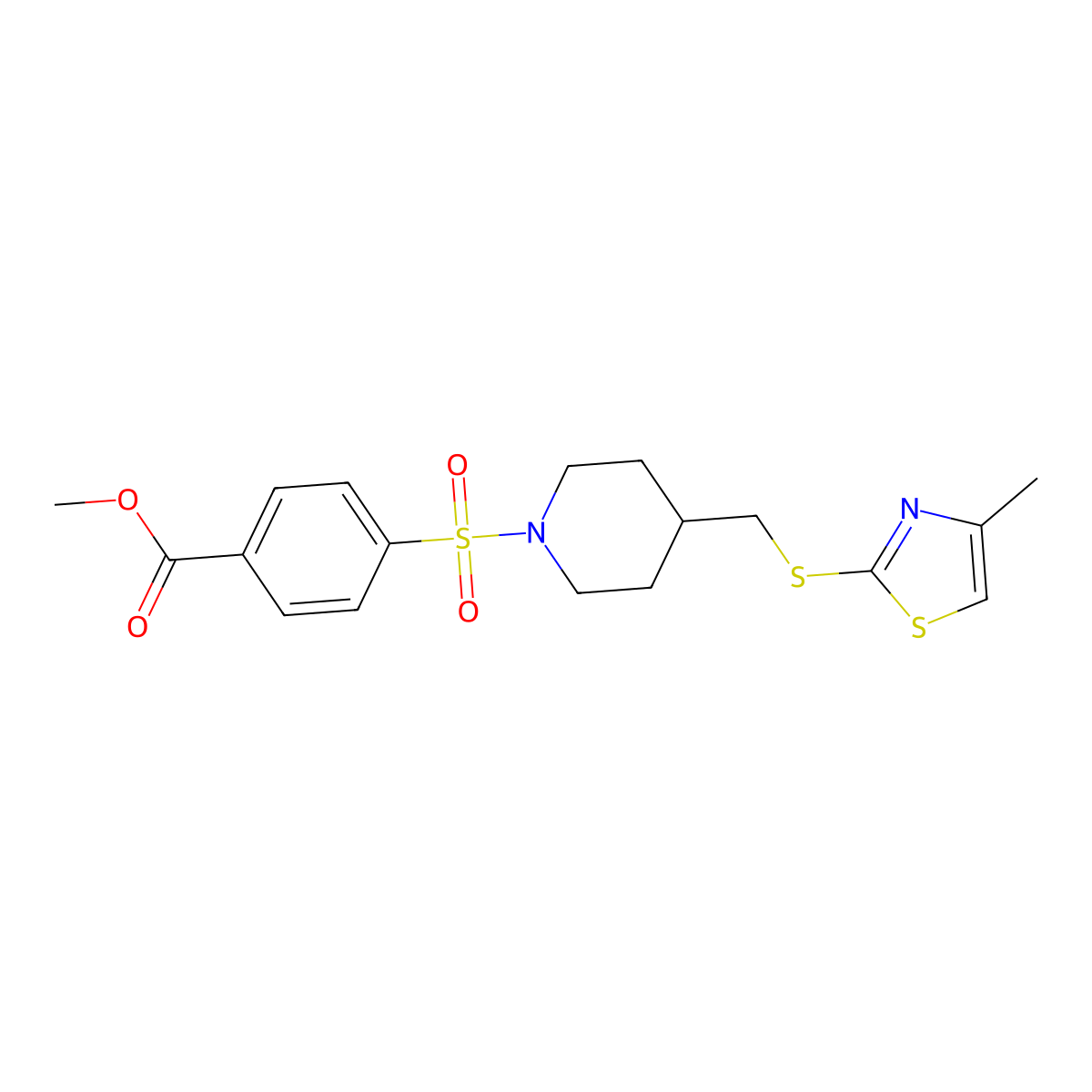 Methyl 4-((4-(((4-methylthiazol-2-yl)thio)methyl)piperidin-1-yl)sulfonyl)benzoate molecular structure, CAS 1428352-22-0