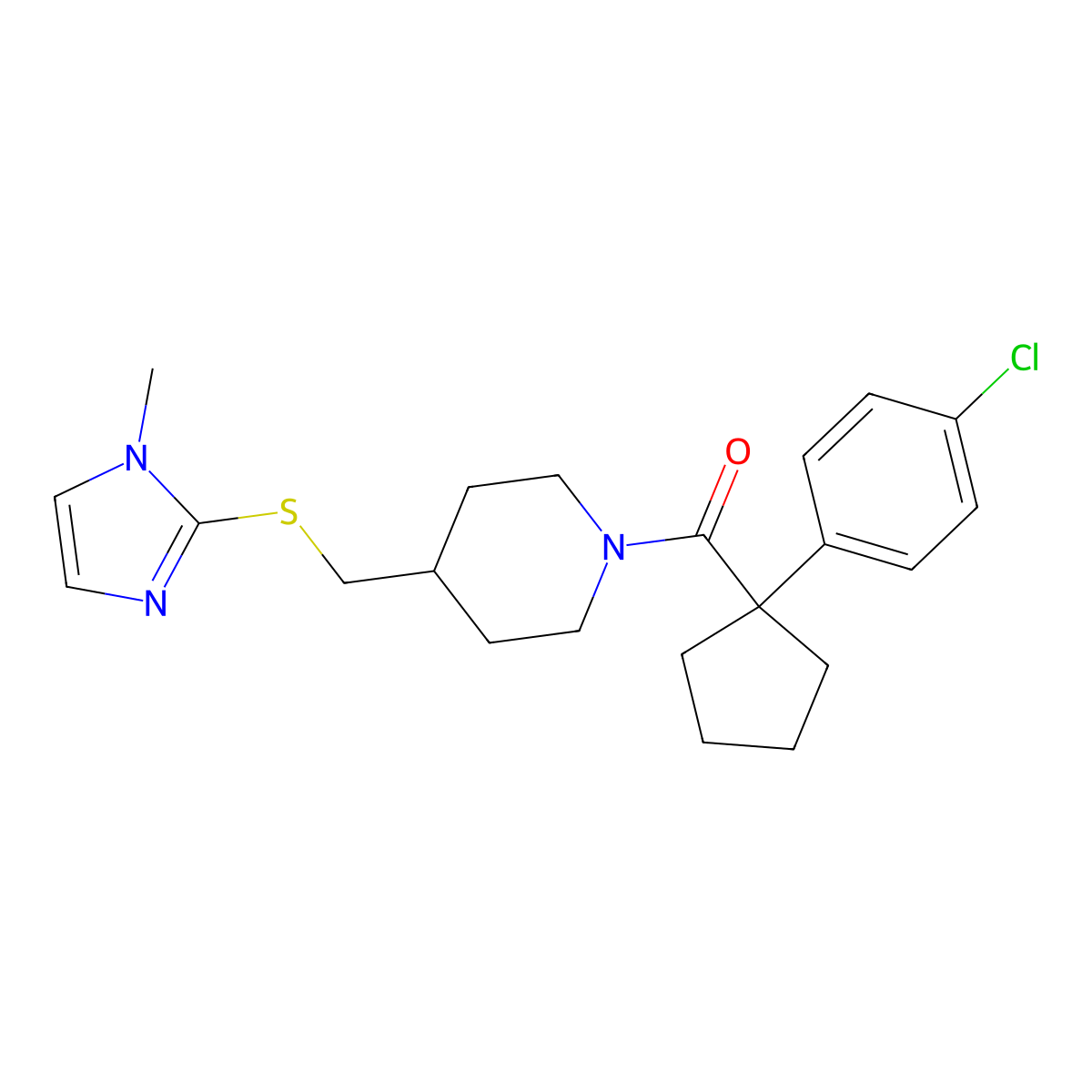 (1-(4-chlorophenyl)cyclopentyl)(4-(((1-methyl-1H-imidazol-2-yl)thio)methyl)piperidin-1-yl)methanone molecular structure, CAS 1428352-43-5