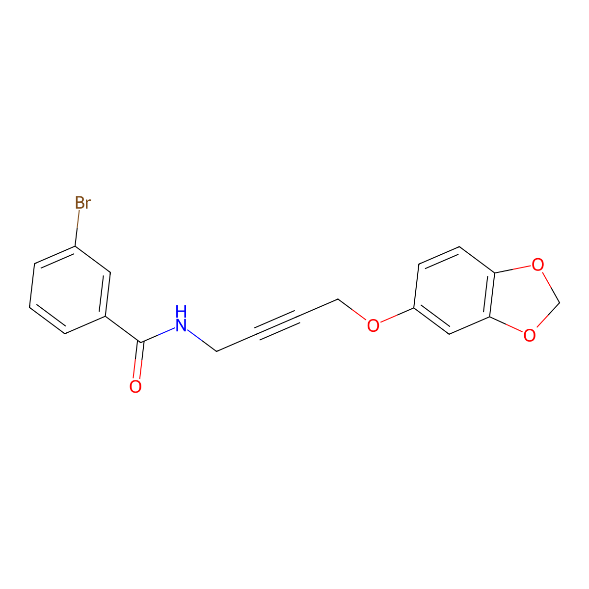 N-(4-(benzo[d][1,3]dioxol-5-yloxy)but-2-yn-1-yl)-3-bromobenzamide molecular structure, CAS 1428352-50-4