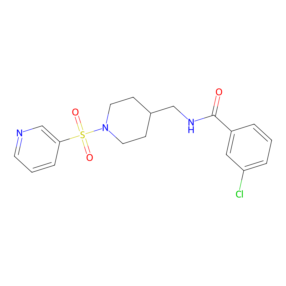 3-chloro-N-((1-(pyridin-3-ylsulfonyl)piperidin-4-yl)methyl)benzamide molecular structure, CAS 1428352-53-7